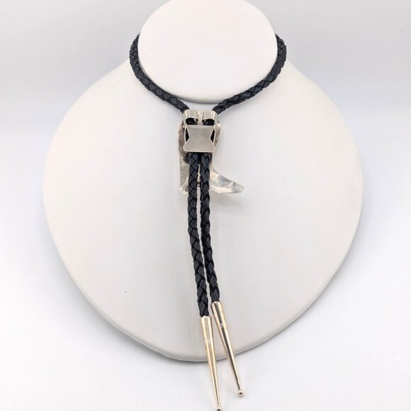 Navajo Kingman Turquoise Bolo Tie Leather Sterling Silver Southwest Accessory ** - Picture 8 of 10